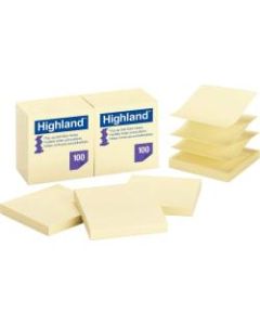 Highland Repositionable Pop-up Notes, 3in x 3in, Yellow, 1 Dozen 100-Sheet Pads