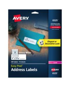 Avery Glossy Permanent Labels, 6525, Mailing, 1in x 2 5/8in, White, Pack Of 300
