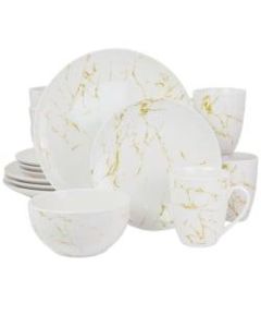 Elama Fine Marble 16-Piece Stoneware Dinnerware Set, Gold/White