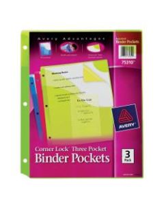 Avery Corner Lock 3-Pocket Binder Pockets, 20 Sheet Capacity, Assorted Colors, Pack Of 3