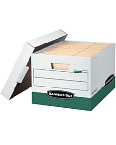 Bankers Box R Kive Heavy-Duty Storage Boxes With Locking Lift-Off Lids And Built-In Handles, Letter/Legal Size, 15in x 12in x 10in, 60% Recycled, White/Green, Case Of 12
