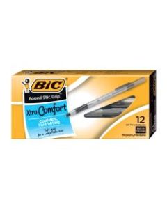 BIC Round Stic Grip Xtra-Comfort Ballpoint Pens, Fine Point, 0.8 mm, Gray Barrel, Black Ink, Pack Of 12