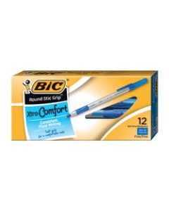 BIC Round Stic Grip Xtra-Comfort Ballpoint Pens, Fine Point, 0.8 mm, Gray Barrel, Blue Ink, Pack Of 12