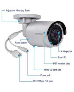 TRENDnet Indoor-Outdoor 4 Megapixel HD PoE Bullet Style Day-Night Network Camera, Digital WDR, 2688 x 1520p, Smart IR, IP66 Rated Housing, Up To 100ft Night Vision, ONVIF, IPv6, White, TV-IP314PI - Indoor / Outdoor 4 MP PoE Day/Night Network Camera