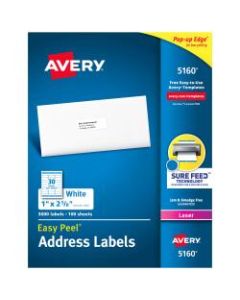 Avery Easy Peel Address Labels With Sure Feed Technology, 5160, 1in x 2 5/8in, White, Box Of 3,000