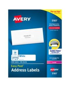 Avery Easy Peel Address Labels With Sure Feed Technology, 5161, 1in x 4in, White, Box Of 2,000
