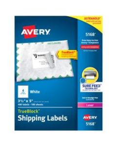 Avery TrueBlock White Laser Shipping Labels, 5168, 3 1/2in x 5in, Pack Of 400