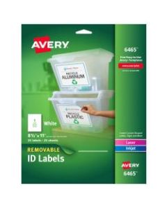 Avery Removable Full-Sheet Labels, 6465, Inkjet/Laser, 8 1/2in x 11in, White, Box Of 25