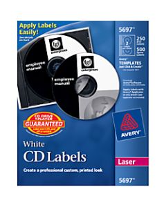 Avery CD Labels, AVE5697, Removable Adhesive, Circle, Laser, White, 2 Per Sheet, Pack Of 250