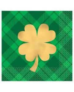 Amscan St. Patricks Day 2-Ply Beverage Napkins, 5in x 5in, Plaid Gold Shamrock, 16 Napkins Per Sleeve, Pack Of 4 Sleeves