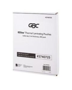 GBC EZUse Thermal Laminating Pouches, 3 mils, 8 1/2in x 11in, Clear, Pack Of 200, 3740725