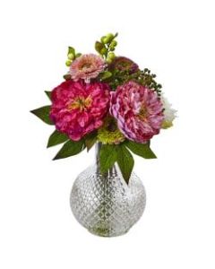 Nearly Natural 14inH Plastic Peony And Mum Arrangement With Glass Vase, Pink