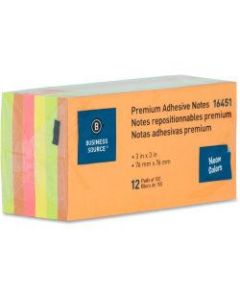 Business Source Repositionable Neon Notes - 3in x 3in - Square - Neon - Removable, Repositionable, Solvent-free Adhesive - 12 / Pack