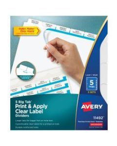 Avery Big Tab Print & Apply Clear Label Dividers with Index Maker Easy Apply Printable Label Strip, 5-Tab, White, Pack of 5 Sets