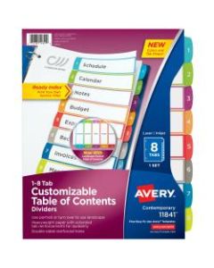 Avery Preprinted Tab Dividers, 8 1/2in x 11in, 1-8 Tabs, White/Multicolor, Pack Of 8