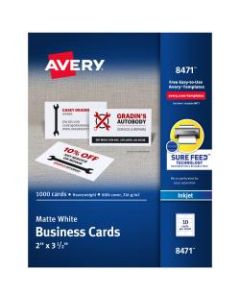 Avery Inkjet Microperforated Business Cards, Sure Feed Technology, 2in x 3 1/2in, Matte White, Pack Of 1,000