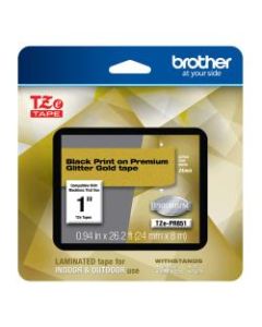 Brother TZe Premium Glitter Laminated Tape, 15/16in x 26-3/16ft, Black Ink/Gold Tape