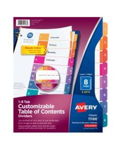 Avery Ready Index Table Of Contents Dividers, 1-8 Tab, Multicolor, Pack Of 6 Sets