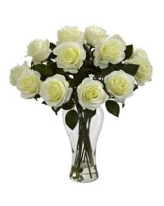 Nearly Natural 18inH Polyester Artificial Blooming Roses Bouquet with Vase, White