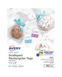 Avery Print-To-The-Edge Tags With Strings, Scalloped, 2in x 1/14in, White, Pack of 180