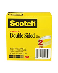 Scotch 665 Permanent Double-Sided Tape, 3/4in x 1,296in, Clear, Pack Of 2 Rolls