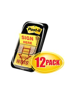 Post-it Message Flags, "Sign Here", 1in x 1-11/16in, Yellow, 50 Flags Per Pad, Pack Of 12 Pads