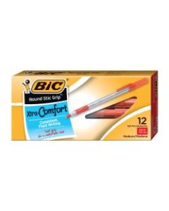 BIC Round Stic Grip Xtra-Comfort Ballpoint Pens, Medium Point, 1.2 mm, Gray Barrel, Red Ink, Pack Of 12 Pens