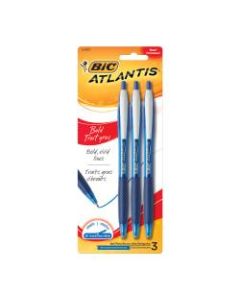BIC Atlantis Bold Retractable Ballpoint Pens, Bold Point, 1.6 mm, Translucent Blue Barrel, Blue Ink, Pack Of 3