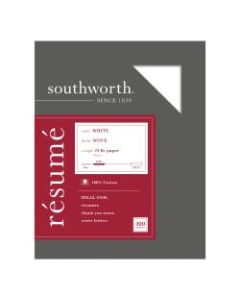 Southworth 100% Cotton Resume Paper, 8 1/2in x 11in, 24 Lb, 100% Recycled, White, Pack Of 100