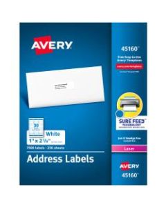 Avery Laser Address Labels With Sure Feed Technology, 45160, 1in x 2 5/8in, White, Pack Of 7,500