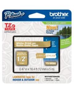 Brother TZe-MQ835 White-On-Satin Gold Tape, 0.5in x 196.8in