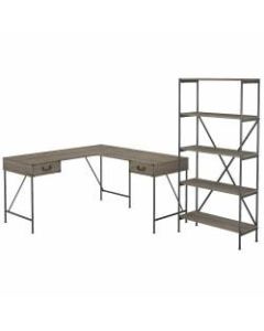 kathy ireland Home by Bush Furniture Ironworks 60inW L-Shaped Writing Desk With 5-Shelf Etagere Bookcase, Restored Gray, Standard Delivery