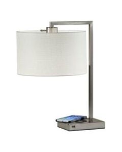 Adesso Austin Wireless Charging Table Lamp, 21-1/4inH, White Shade/Brushed Steel Base