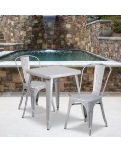 Flash Furniture Square Metal Indoor-Outdoor Table Set With 2 Stack Chairs, 29inH x 27-3/4inW x 27-3/4inD, Silver