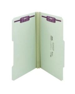 Smead Guide Height Pressboard Folders With SafeSHIELD Fasteners, 2/5 Cut, Legal Size, 2in Expansion, 100% Recycled, Gray/Green, Box Of 25