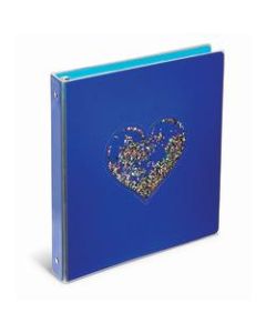 Office Depot Brand Floating Glitter 3-Ring Binder, 1 1/2in Round Rings, Blue Heart