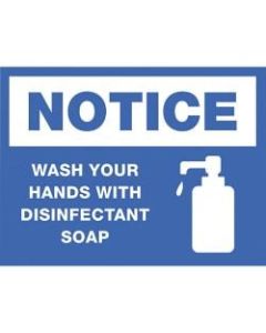 Lorell Notice Wash Hands With Disinfectant Soap Sign, 8in x 6in, Blue/White