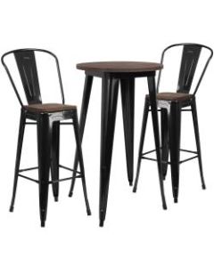 Flash Furniture Round Metal Bar Table With 2 Stools, 41-1/2inH x 24inW x 24inD, Wood/Black