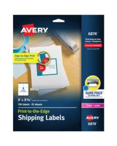 Avery Print-To-The-Edge Permanent Laser Shipping Labels, 6874, 3in x 3 3/4in, White, Pack Of 150