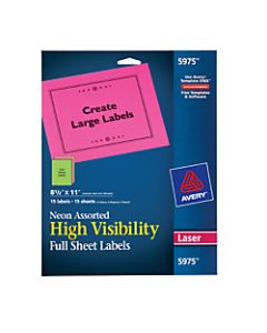 Avery Color Permanent Laser Full-Sheet Labels, 5975, 8 1/2in x 11in, Assorted Colors, Pack Of 15
