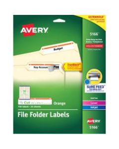 Avery TrueBlock Permanent Inkjet/Laser File Folder Labels, 5166, 9/16in x 3 7/16in, Orange, Box Of 750