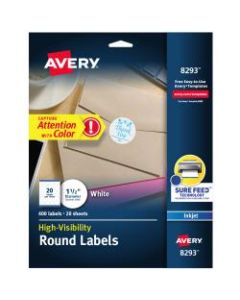 Avery Permanent High-Visibility Labels, 8293, Round, 1 1/2in Diameter, White, Pack Of 400