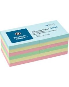 Business Source 3in Plain Pastel Colors Adhesive Notes - 100 - 3in x 3in - Square - Assorted - Repositionable, Solvent-free Adhesive - 12 / Pack