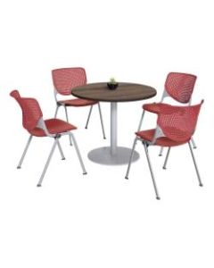 KFI Studios KOOL Round Pedestal Table With 4 Stacking Chairs, Studio Teak/Coral Orange