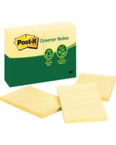 Post-it Greener Notes, 4 in x 6 in, Canary Yellow, Lined - 1200 - 4in x 6in - Rectangle - 100 Sheets per Pad - Ruled - Canary Yellow - Paper - Self-adhesive, Repositionable - 12 / Pack