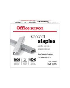 Office Depot Brand Standard Staples, 1/4in, 5,000 Staples Per Pack, Box Of 3 Packs