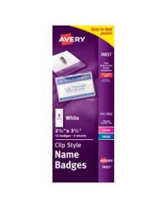 Avery Clip Style Name Badges, Top/Side Loading, 3 1/2in x 2 1/6in, Pack Of 12