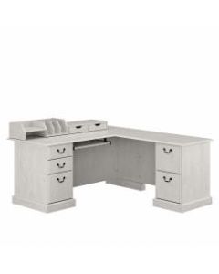 Bush Furniture Saratoga 66inW L-Shaped Computer Desk With Drawers And Desktop Organizers, Linen White Oak, Standard Delivery