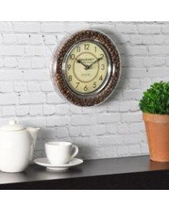FirsTime Gourmet Cafe Coffee Bean Round Wall Clock, 7 1/2in, Brown/Silver