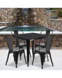 Flash Furniture Commercial-Grade Square Metal Table Set With 4 Stack Chairs, 29-1/2inH x 31-1/2inW x 31-1/2inD, Black